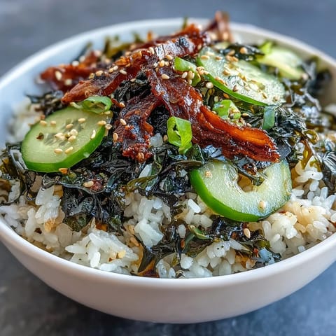 Nourishing Seaweed & Nori Rice Bowl featuring rehydrated wakame, nori strips, and fresh cucumber over fluffy sushi rice, garnished with sesame seeds.