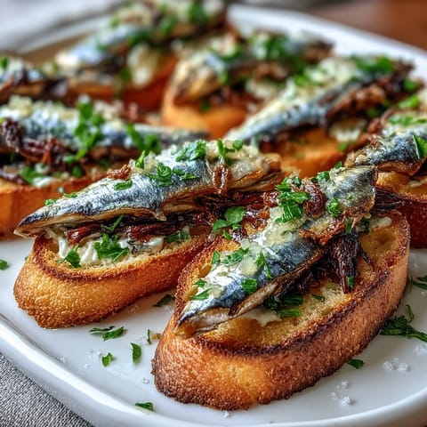 Golden crostini topped with sardines, lemon zest, and fresh parsley for a bright, elegant appetizer.