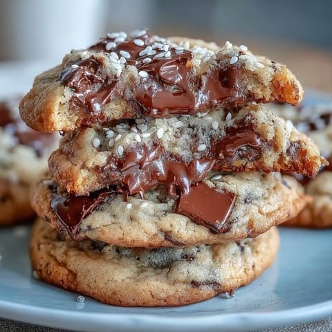 Tahini-chocolate chip cookies featuring gooey chocolate chunks and a slightly crisp, nutty exterior.