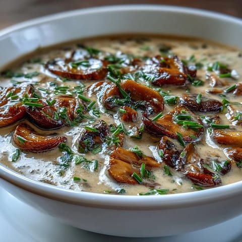 A steaming bowl of creamy mushroom and cardamom soup, garnished with fresh chives and a swirl of cream, served with rustic bread.  