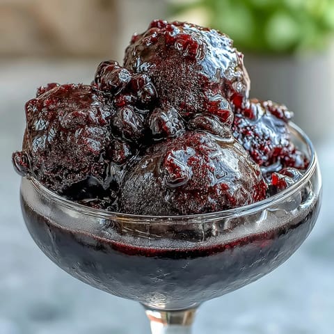 A refreshing black currant and gin sorbet with deep purple hues and a smooth, icy texture, perfect for elegant summer entertaining.  