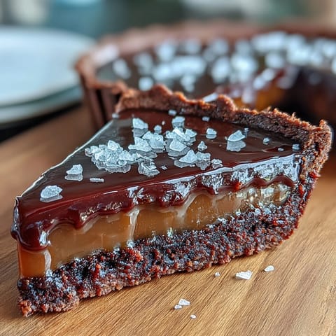 Silky salted caramel layered over crisp chocolate crust in this indulgent French-inspired dessert tart.  