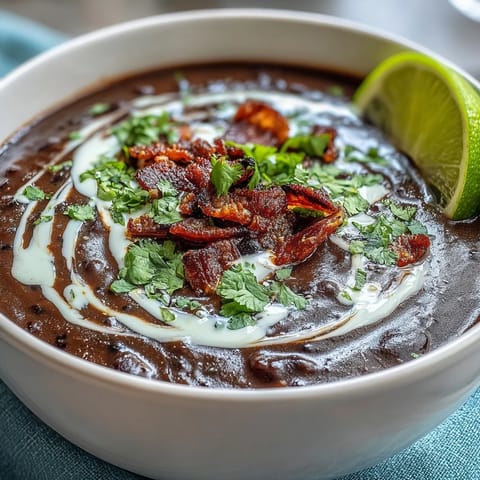 Creamy black bean soup with bacon and lime crema, topped with crispy bacon and fresh cilantro.  