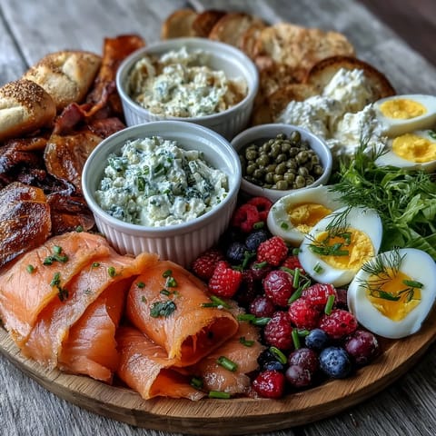 A colorful Galentines brunch board featuring assorted bagels, silky lox, and vibrant berries for a festive gathering.  