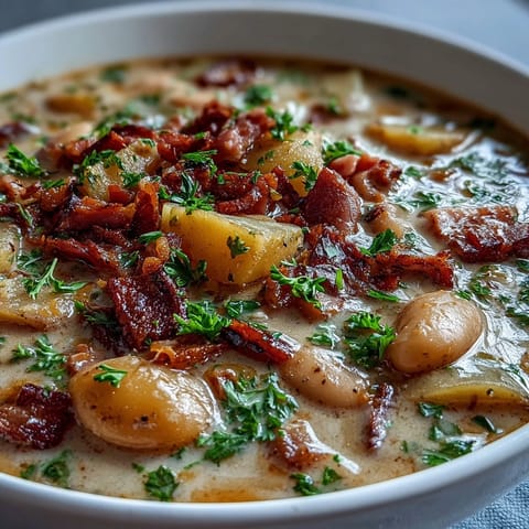 A steaming bowl of bean soup with tender smoked ham and hearty potatoes, garnished with fresh parsley for a rustic, comforting meal.