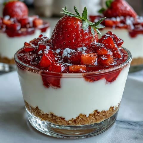Creamy strawberry cheesecake cups with a buttery graham cracker crust, perfect for a romantic Valentine's Day dessert.