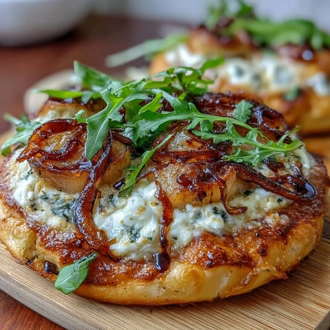 Caramelized onion flatbread pizza with arugula and balsamic glaze, featuring golden onions, creamy cheese, and peppery greens.