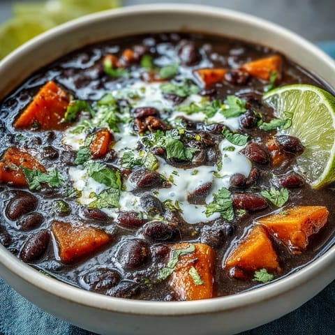 Hearty and creamy sweet potato soup with black beans, topped with zesty lime crema and sliced jalapeños for extra heat.  