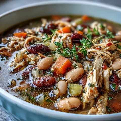 Rich and comforting 15-bean soup with smoky turkey, featuring colorful vegetables and a blend of aromatic herbs.  