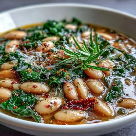 Creamy cannellini beans and tender kale in a fragrant broth, brightened by fresh lemon zest for a comforting Italian meal.  