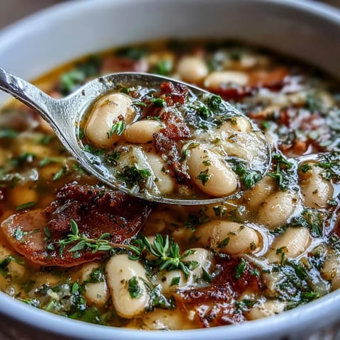 Hearty Ham and Cannellini Bean Soup with Fresh Herbs, rich in savory ham and tender beans, garnished with vibrant parsley and thyme.