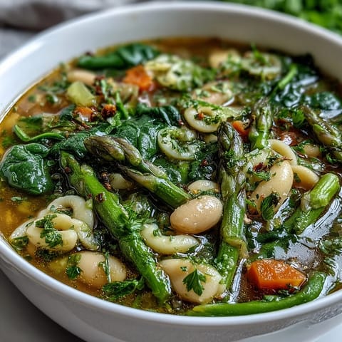 Vibrant spring minestrone soup with white beans, asparagus, and peas in a fragrant herb broth.