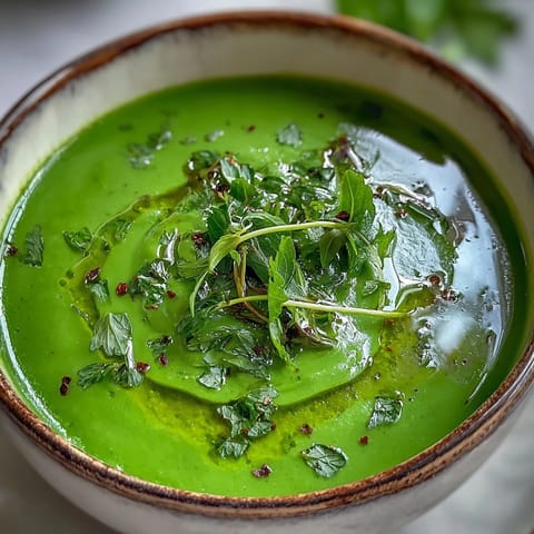 A vibrant bowl of green detox vegetable soup with zucchini and peas, garnished with fresh herbs and lemon zest.