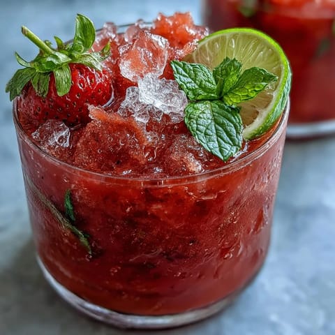 A vibrant strawberry watermelon daiquiri mocktail garnished with fresh mint and lime wheels, perfect for summer sipping.