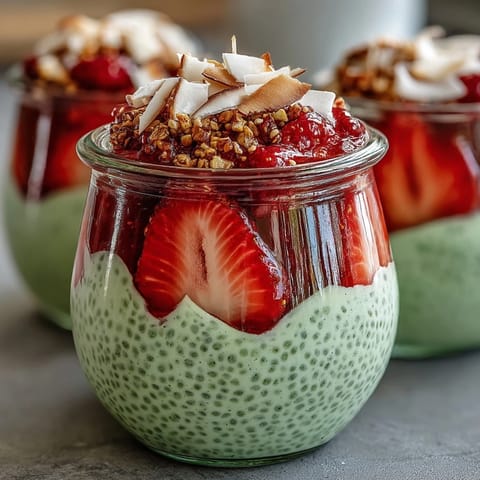 Layered chia pudding jars featuring strawberry puree, matcha yogurt, and a colorful breakfast or snack presentation.