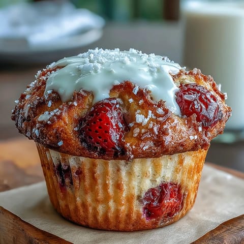 Fluffy strawberry yogurt muffins topped with coarse sugar, showcasing juicy red berries in every tender bite.  