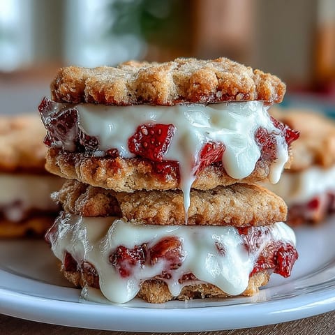 Golden strawberry shortcake cookies with a rich cream filling, showcasing juicy diced strawberries in a soft, buttery texture.  