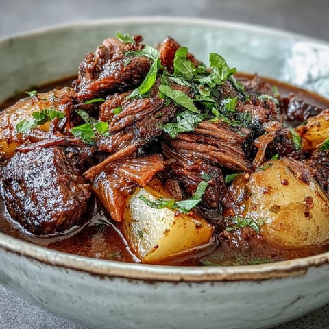 A steaming bowl of cozy beef stew with tender chunks of beef and root vegetables in a rich, savory broth.
