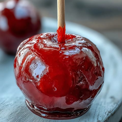 A glossy red candy shell glistens on crisp Granny Smith apples, perfect for festive gatherings.