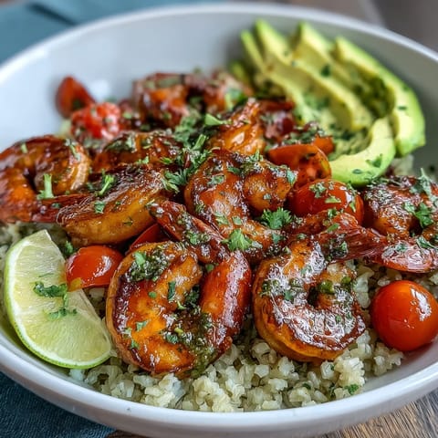Easy Healthy Lemon Garlic Shrimp Bowls with brown rice and fresh vegetables in a vibrant, colorful bowl.  