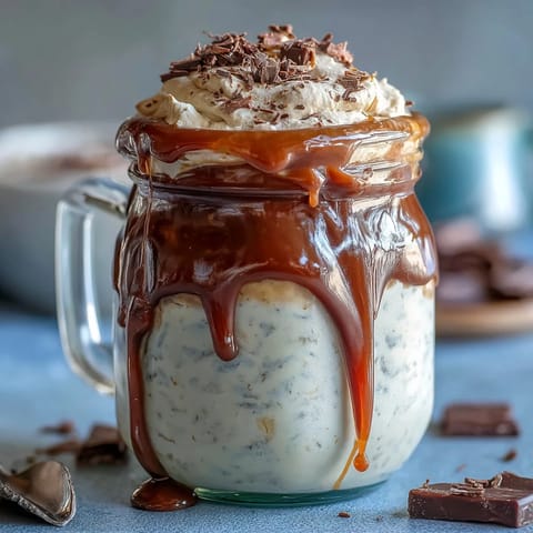 Creamy vanilla bean frappuccino overnight oats dessert jar with rich coffee flavor and whipped cream topping.