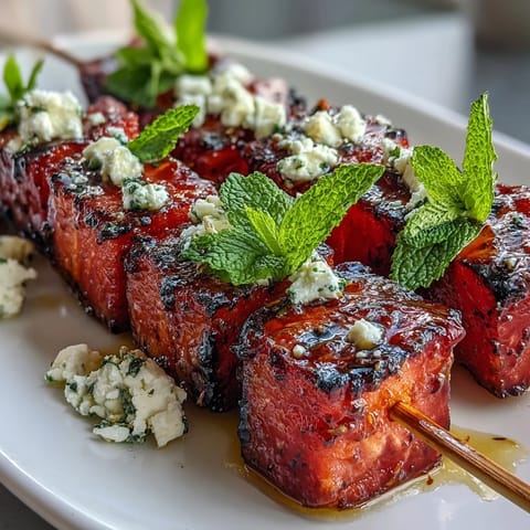 Fresh watermelon feta skewers with mint, drizzled with olive oil for a vibrant summer appetizer.  