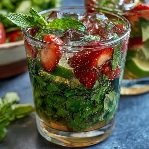 Refreshing virgin mojito pitcher with fresh mint, lime, and strawberries, ideal for spring parties.