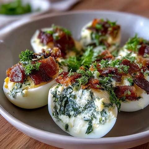 Vibrant green spinach deviled eggs with crispy ham topping, a playful and savory appetizer perfect for parties or brunch.