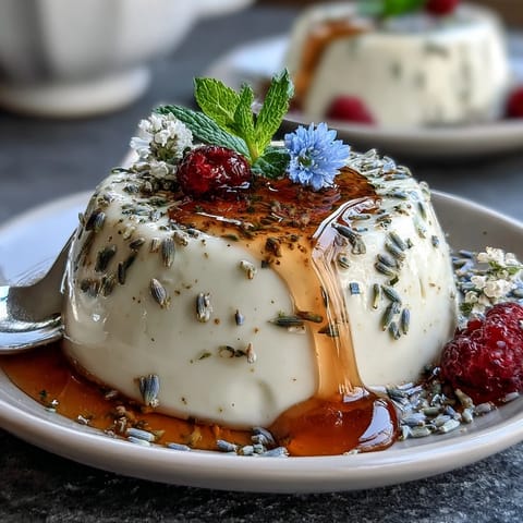 Creamy honey lavender panna cotta in glass, floral dessert with golden honey drizzle.