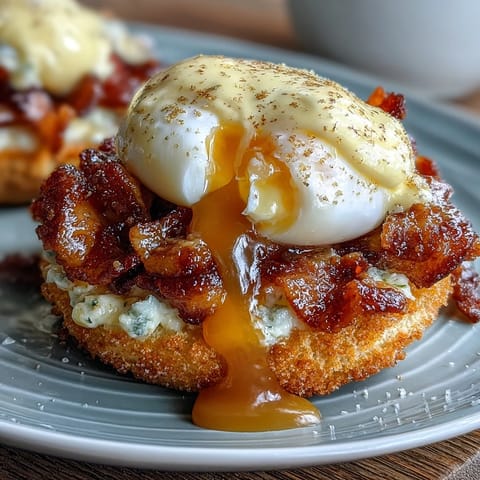 Fluffy poached eggs and Canadian bacon on toasted English muffins, draped in rich, buttery hollandaise sauce—classic Eggs Benedict ready to serve.