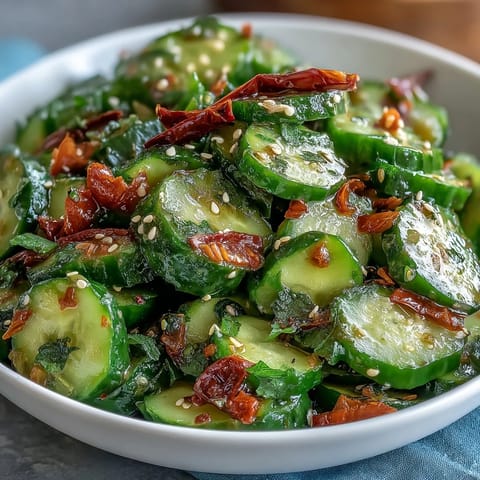 Crispy smashed cucumbers tossed in tangy garlic chili oil, topped with sesame seeds and scallions.