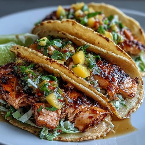 Grilled salmon tacos with mango salsa feature flaky fish, warm tortillas, and a colorful tropical topping.