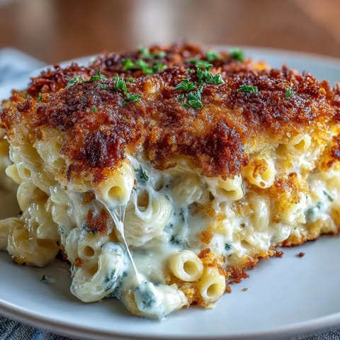 Creamy mac and cheese bake with golden, crunchy panko topping and bubbling cheddar sauce.