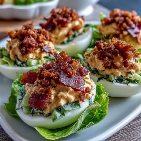 Creamy BLT Deviled Eggs topped with crispy bacon crumbles and fresh lettuce.  