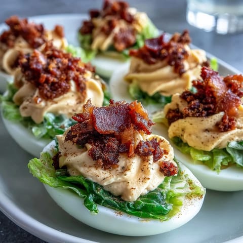 Classic deviled eggs with BLT twist, featuring tangy filling and juicy tomato garnish.  