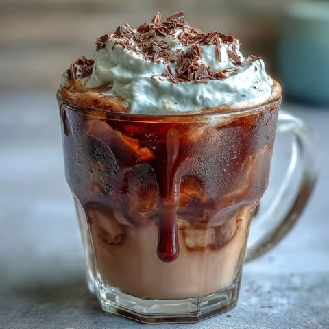 Velvety chocolate cream swirls over chilled cold brew coffee, topped with a drizzle of chocolate syrup and cocoa powder.