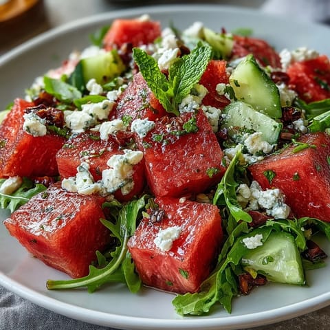 Vibrant watermelon and arugula salad with feta, mint, and lime dressing for a refreshing summer meal.  
