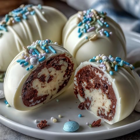 White Chocolate Peanut Butter Easter Eggs with Sprinkles: Soft peanut butter centers dipped in white chocolate and decorated with colorful sprinkles—perfect for Easter celebrations.