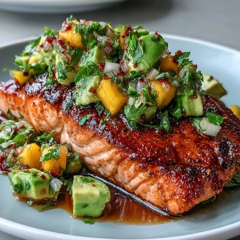 Baked salmon with mango avocado salsa served on a white plate with colorful fresh fruit topping.  