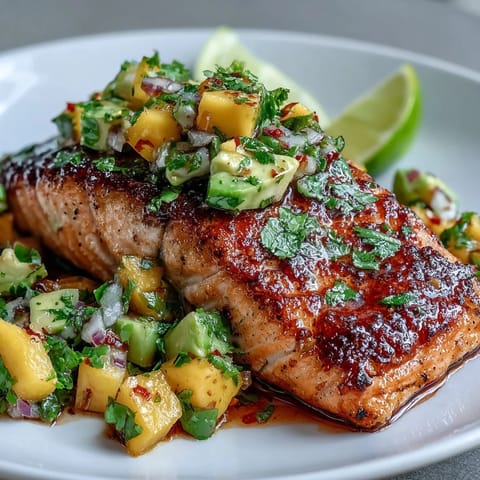 Oven-baked salmon fillet topped with zesty mango avocado salsa for a bright, healthy dinner.  