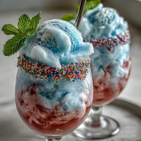 Whimsical Cotton Candy Lemonade Float with vanilla ice cream, cotton candy, and lemonade in a tall glass, garnished with lemon and mint.