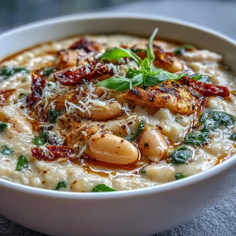 Creamy Tuscan White Bean Soup with spinach and sun-dried tomatoes in a white bowl, garnished with fresh basil.