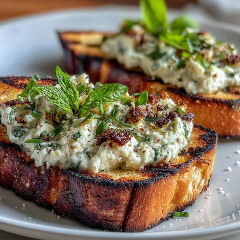 Vibrant fava bean and mint bruschetta on grilled sourdough with fresh herbs and lemon zest.