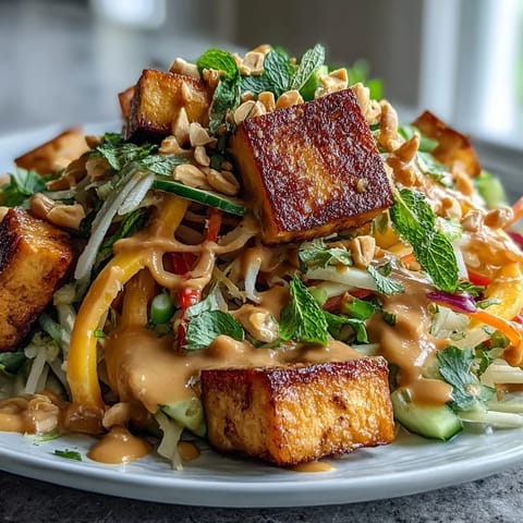 Vibrant Thai mango salad featuring julienned mango, crunchy vegetables, and golden tofu with rich peanut dressing.  
