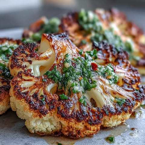 Smoky grilled cauliflower steaks topped with vibrant, herbaceous chimichurri sauce in a plant-based, gluten-free recipe.