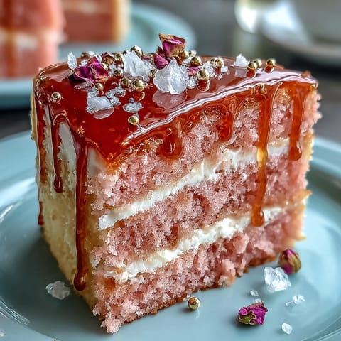 Elegant pink velvet cake with rosé wine, perfect for celebrations.