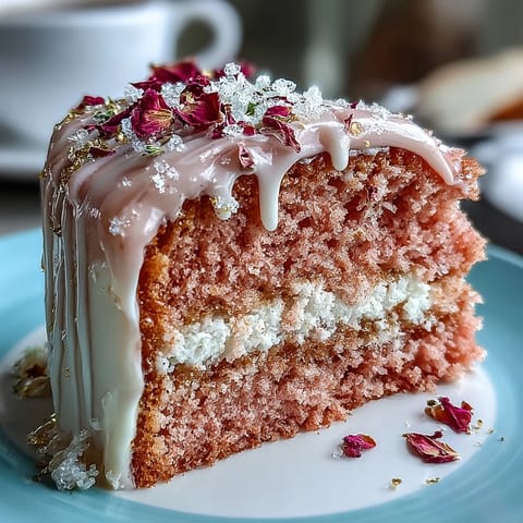 Gorgeous Bridal Shower Rosé Velvet Cake with shimmering gold drip.