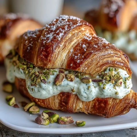 Flaky croissant filled with rich pistachio cream, dusted with powdered sugar and chopped pistachios for a luxurious treat.
