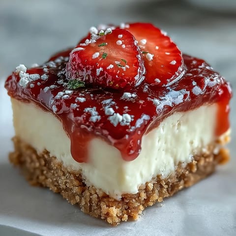 Strawberry cheesecake bars with creamy filling and fresh strawberry topping on a graham cracker crust. A no-bake dessert perfect for parties and holidays.  