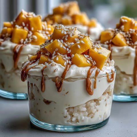 Sweet coconut mango sticky rice cups piled high with fresh tropical fruit.